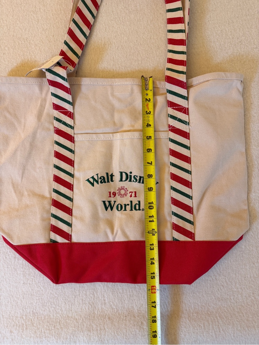 NWT Disney World Holiday Canvas Tote Bag 1971 Red Green Striped Christmas Tote - Picture 6 of 10